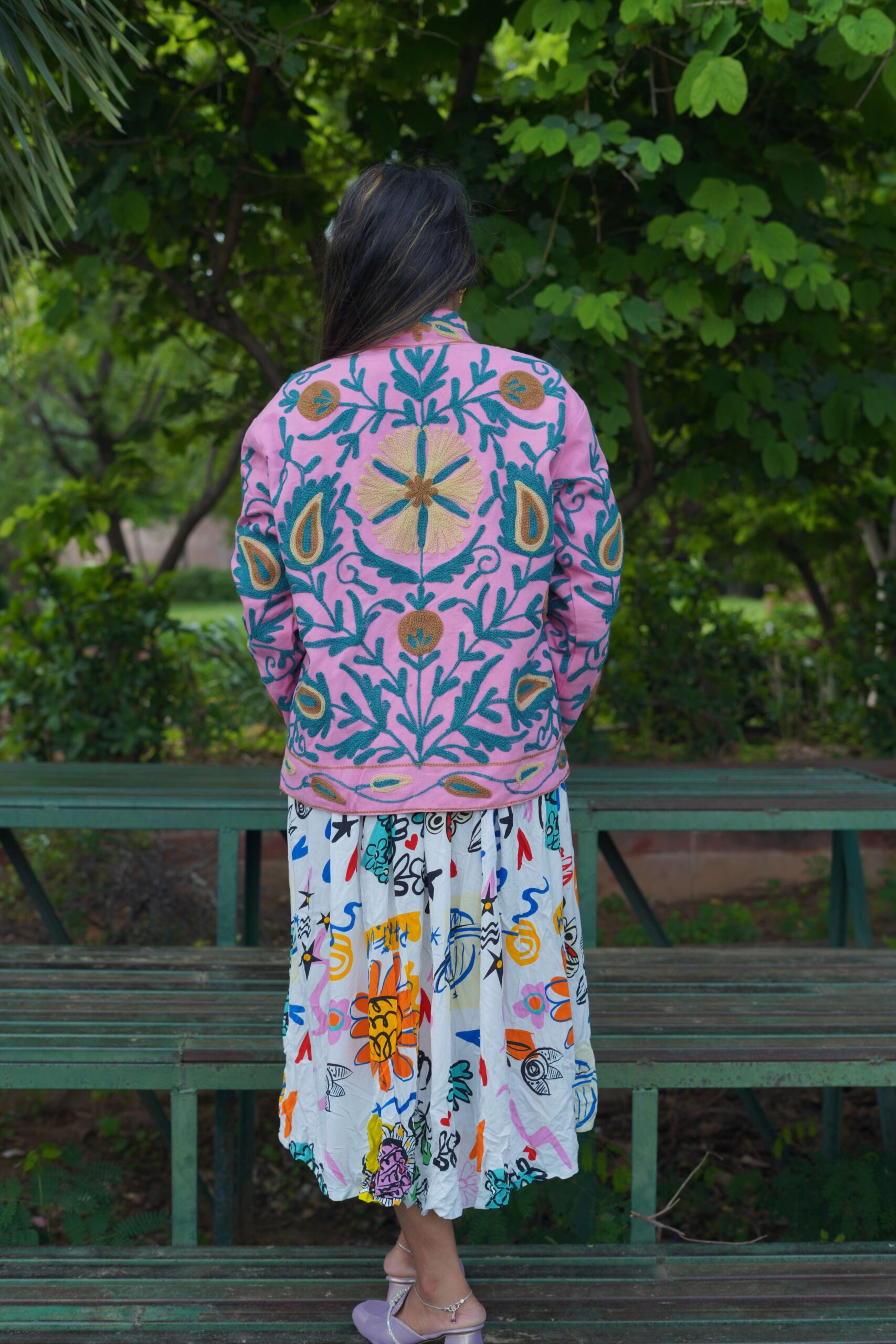 Womens Pink Velvet Embroidered Jacket with Floral Design - Image 3