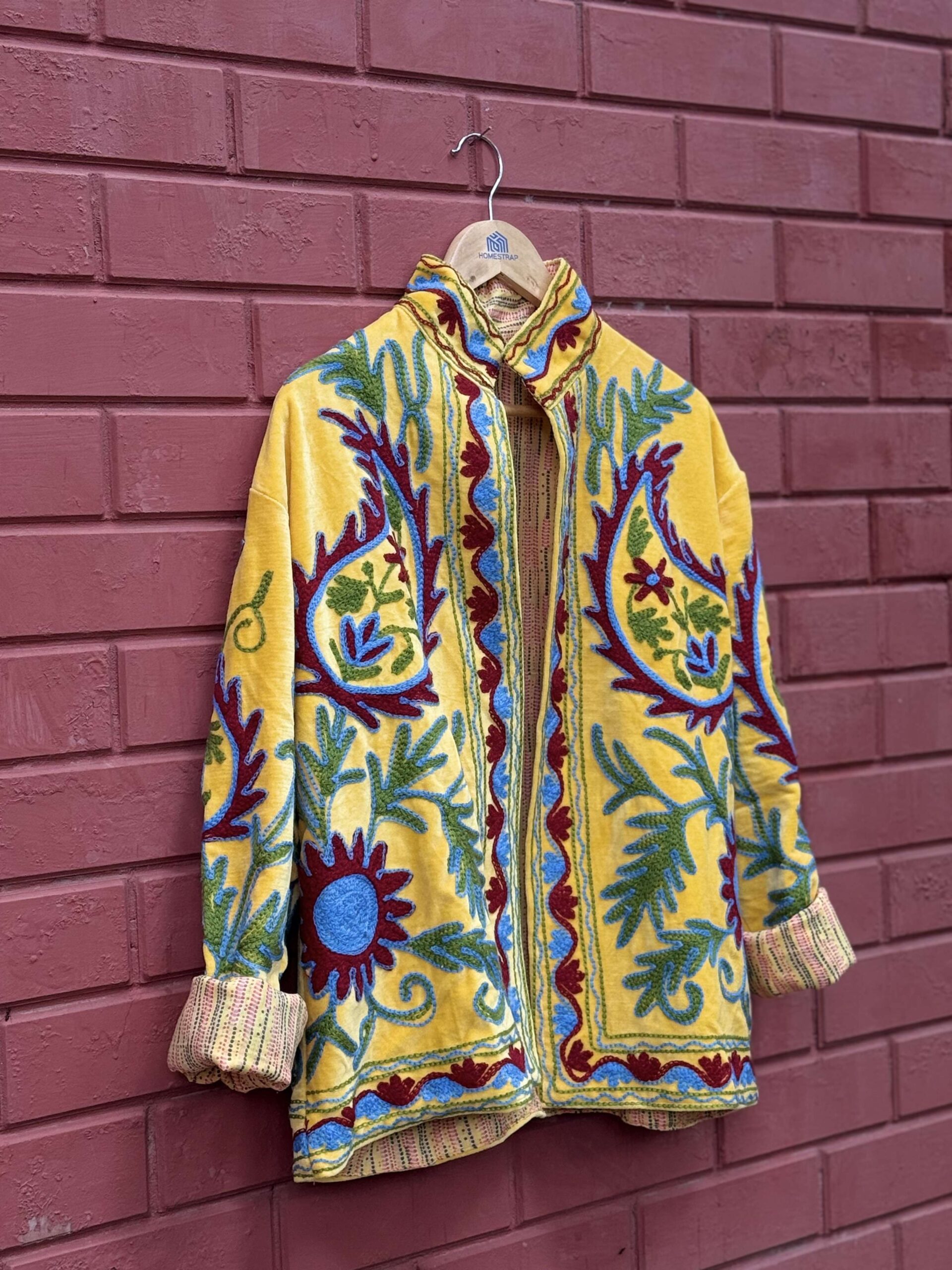Womens Yellow Velvet Embroidered Jacket with Floral Design - Image 5